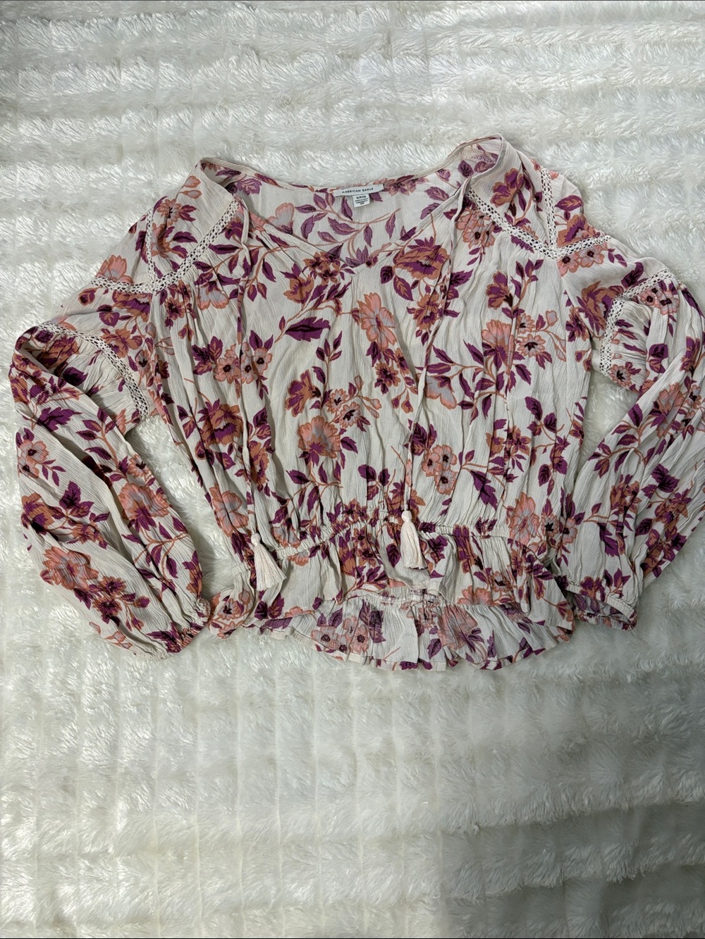 Small American Eagle Floral Peasant Blouse - White with Pink & Purple Floral